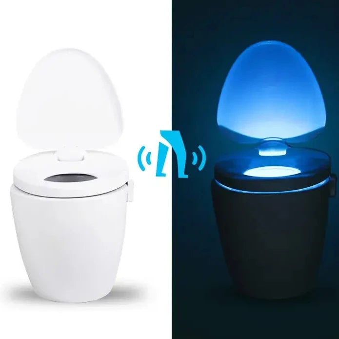 there are two pictures of a toilet with a light on it