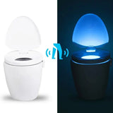 There are two pictures of a toilet with a light on it