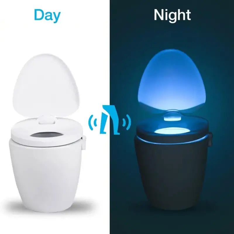 There are two pictures of a toilet with a light on it