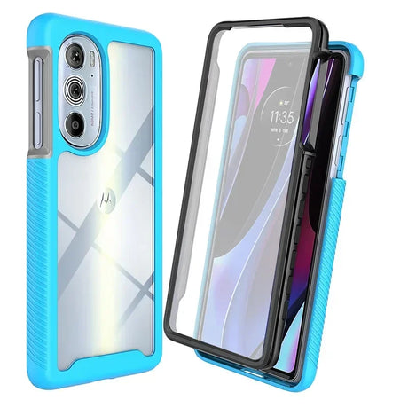 Two-piece clear and blue protective phone case.