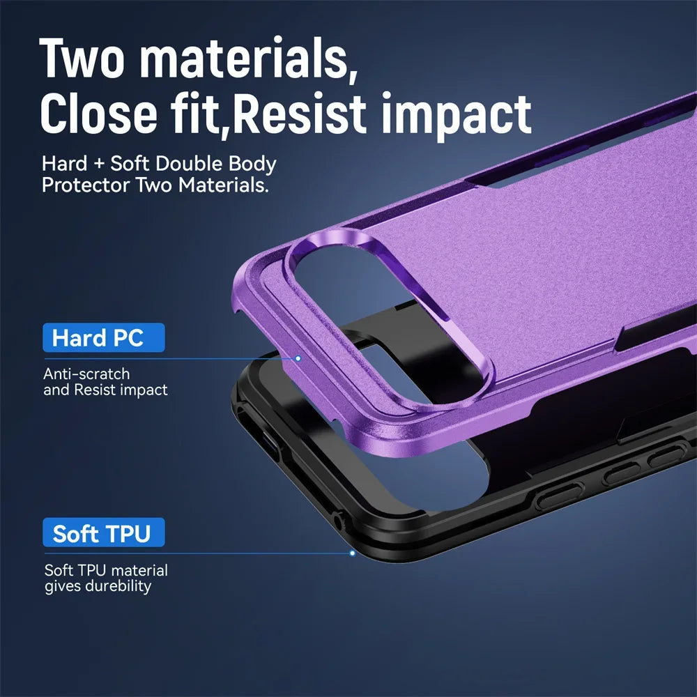 A two-piece, dual-material protective phone case with hard PC and soft TPU layers.
