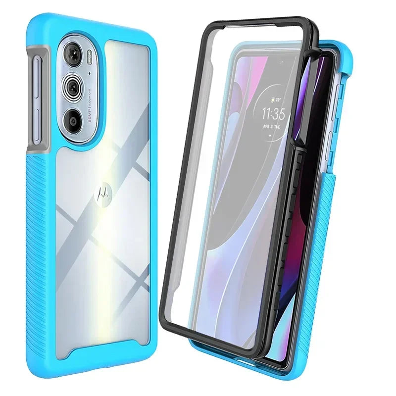 Two-piece transparent and blue protective case for a Motorola smartphone.