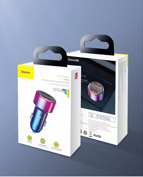 Two product packaging boxes for car chargers or USB adapters with colorful designs.