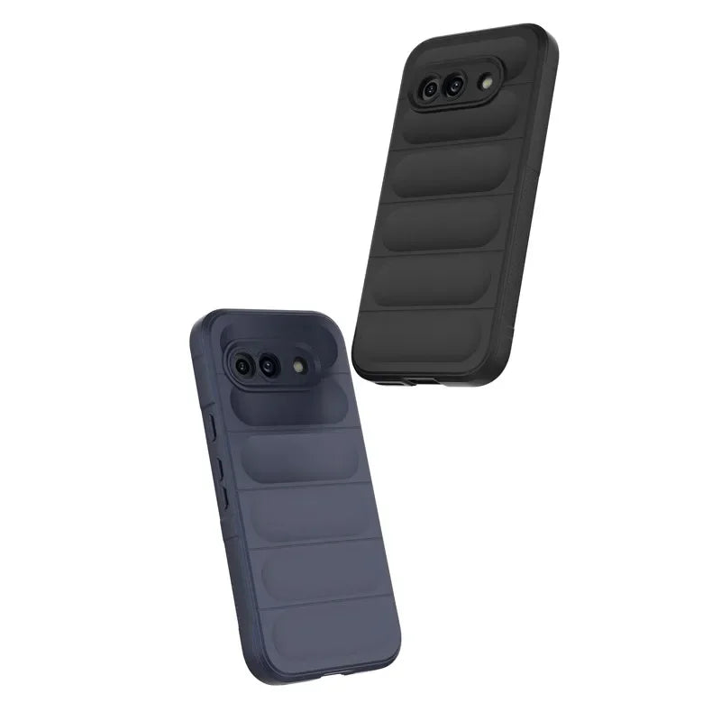 Two puffer-style phone cases, one black and one dark blue.