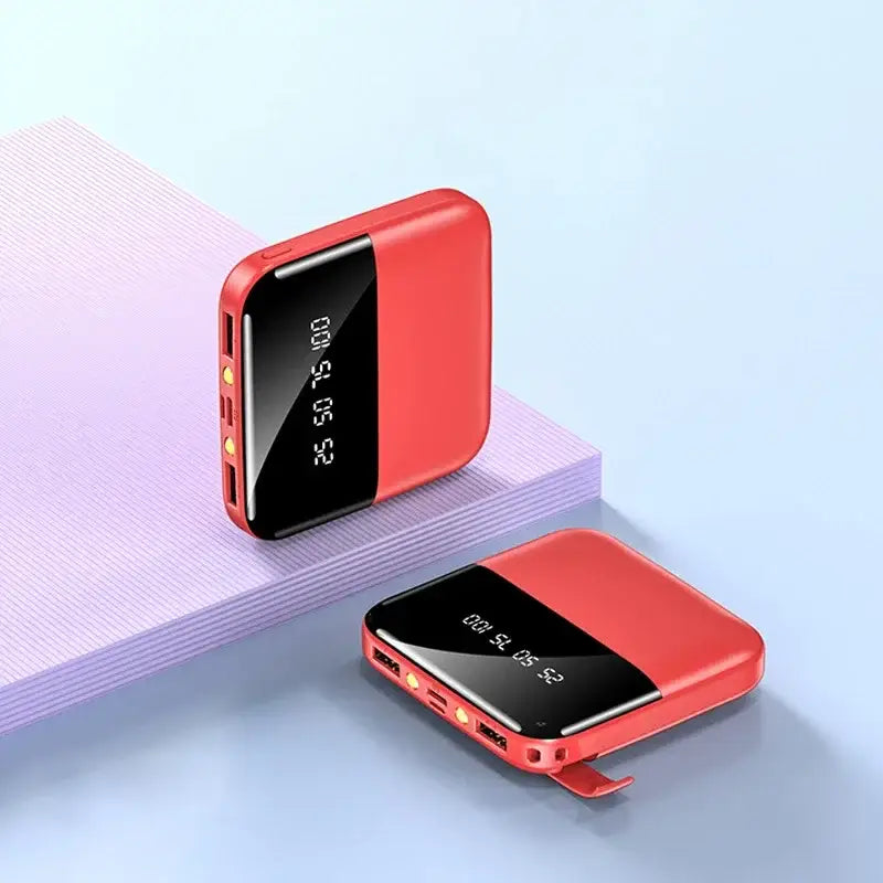 two red apple watch cases sitting on a blue surface