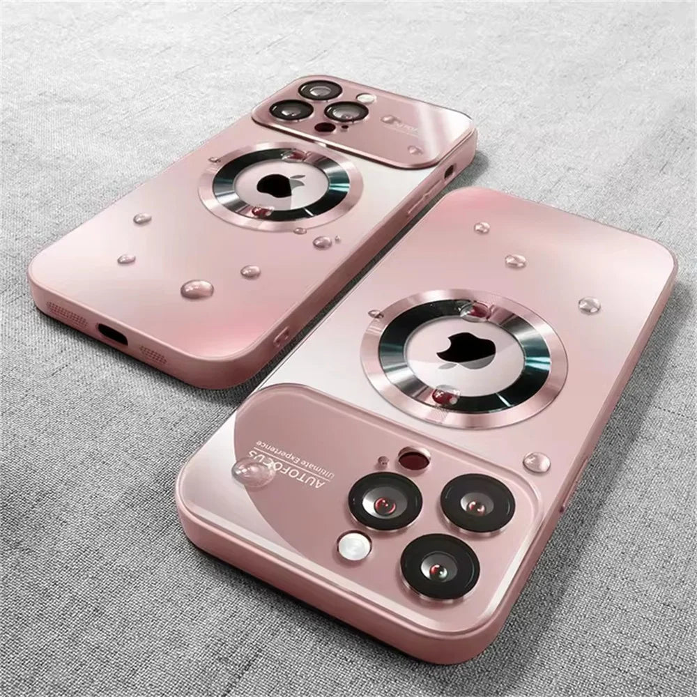 Two rose gold iPhone cases with camera lens protection and a circular metallic accent around the Apple logo.