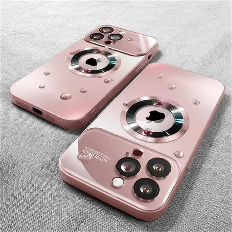 Two rose gold iPhone cases with camera lens protection and a circular metallic accent around the Apple logo.