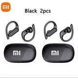 Two sets of black wireless earbuds with ear hooks and charging cases.