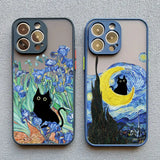 Two smartphone cases featuring artistic designs with black cats incorporated into famous paintings.