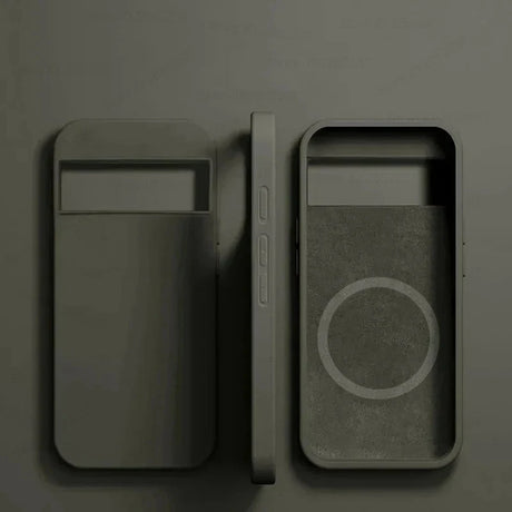 Two smartphone cases or covers connected side-by-side, with one displaying a circular design.