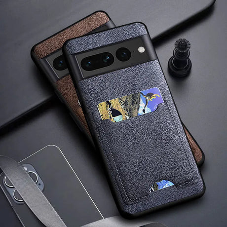 Two smartphone cases, one dark blue and one brown, both with a textured finish and a built-in card holder.
