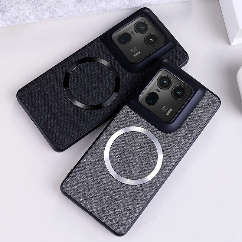 Two smartphone cases with a fabric texture and magnetic rings.