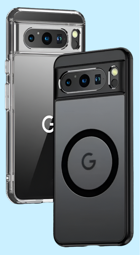 Two smartphone cases featuring the Google ’G’ logo and multiple camera lenses.