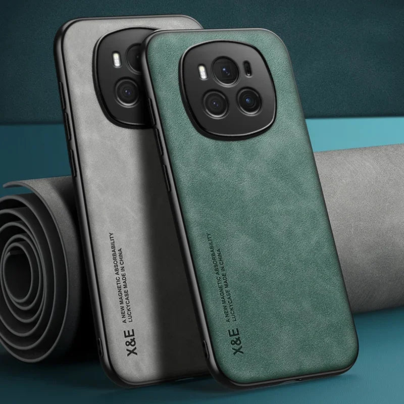 Two smartphone cases, one green and one gray, featuring prominent camera modules.