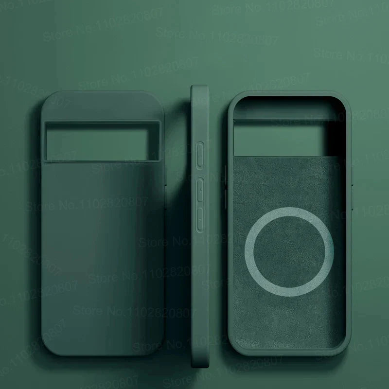 Two smartphone cases with minimalist designs in a dark green color.