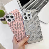 Two smartphone cases with perforated designs, one pink and one gray.