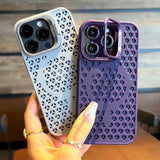 Two smartphone cases with perforated designs in white and purple colors.