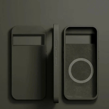 Two smartphone cases or protective covers side by side, one with a circular design.