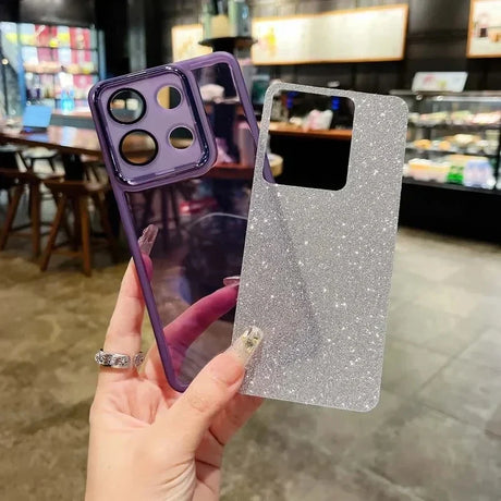 Two smartphone cases, one purple with camera cutouts and one silver glittery.