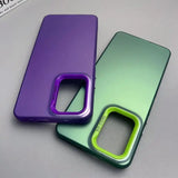 Two smartphone cases in purple and green colors with highlighted camera cutouts.