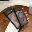 Two smartphone cases with transparent backs and black edges, one featuring a magnifying glass design.