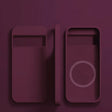 Two smartphone-shaped objects with minimalist designs in a burgundy color.