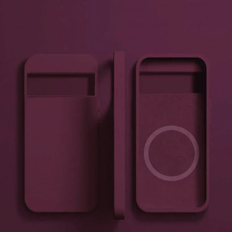 Two smartphone-shaped objects with minimalist designs in a burgundy color.