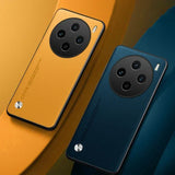 Two smartphones with circular multi-camera arrays on their backs, one in yellow and one in blue.