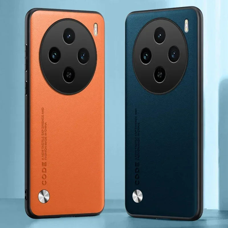 Two smartphones with circular multi-camera arrays, one orange and one navy blue.