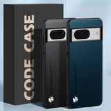 Two smartphones with distinctive camera modules alongside a product box labeled ’CODE CASE’.