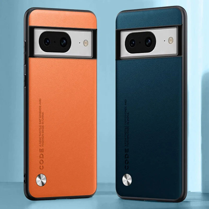 Two smartphones with distinctive camera modules, one in orange and one in navy blue.