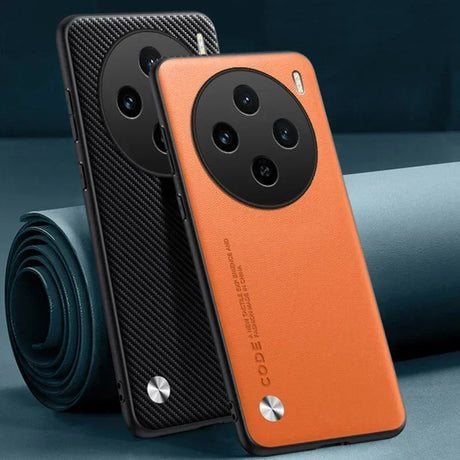 Two smartphones with distinctive circular camera arrays on their backs, one in orange and one in black.