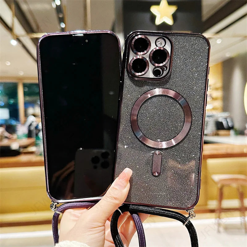 Two smartphones with protective cases and crossbody straps.
