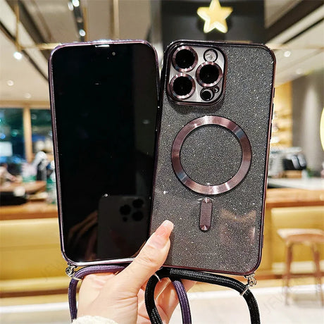 Two smartphones with protective cases and crossbody straps.