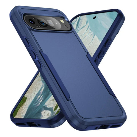 Two-tone blue rugged phone case.