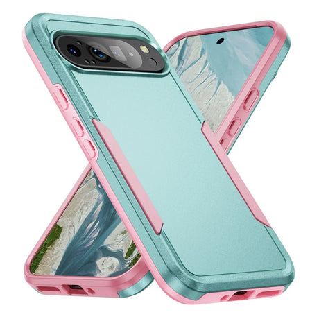 Two-tone pink and teal phone case.