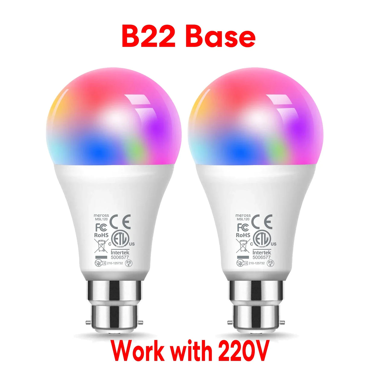 two white and blue led bulbs with the words b22 base