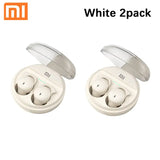 two white earphones with a white cover and a white case