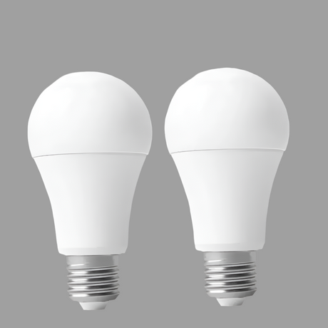 Two white LED light bulbs with standard screw bases.