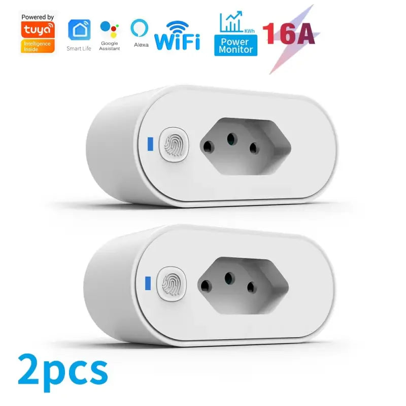 two white plugs with a blue button and a white one with a blue button