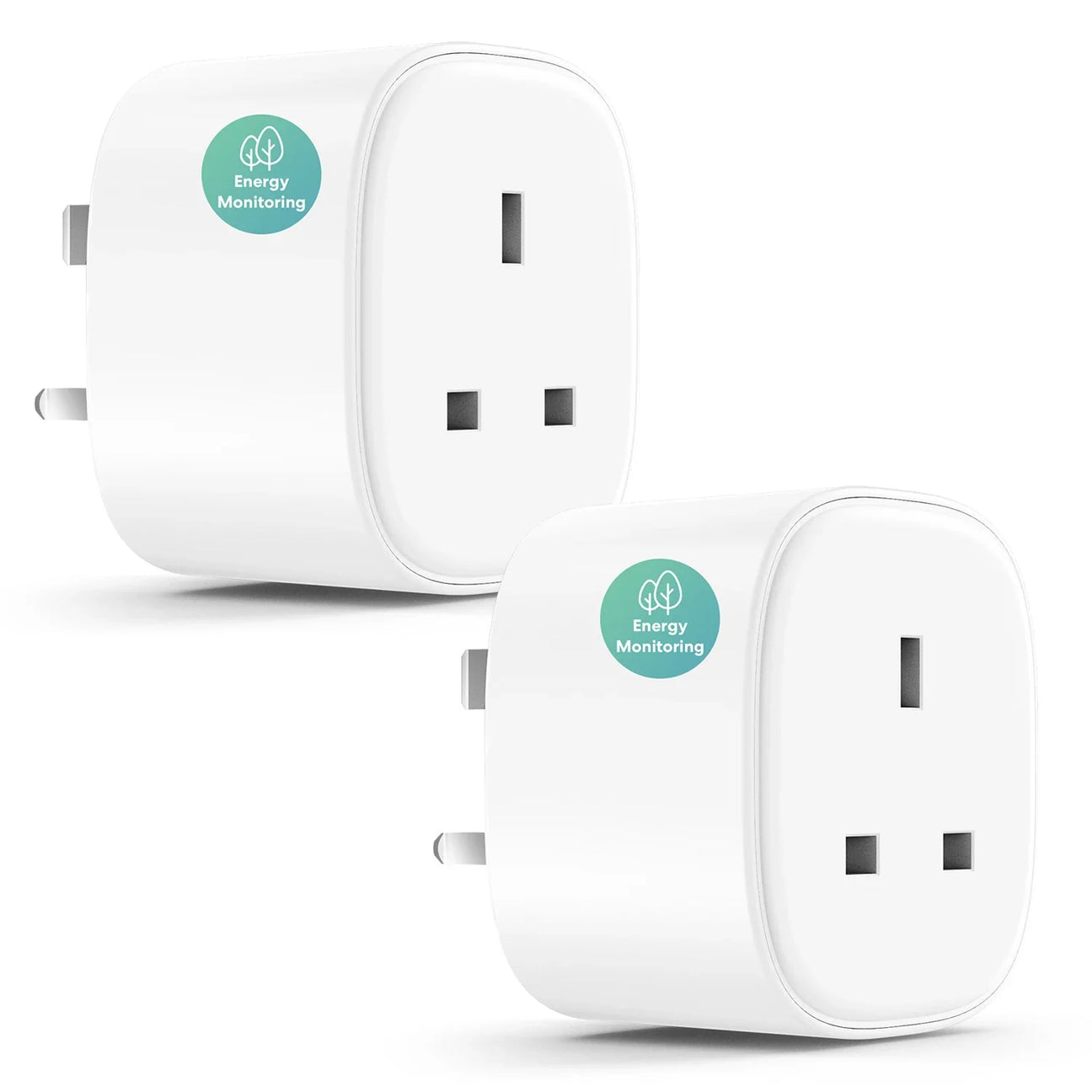 two white plugs with green stickers on them sitting next to each other