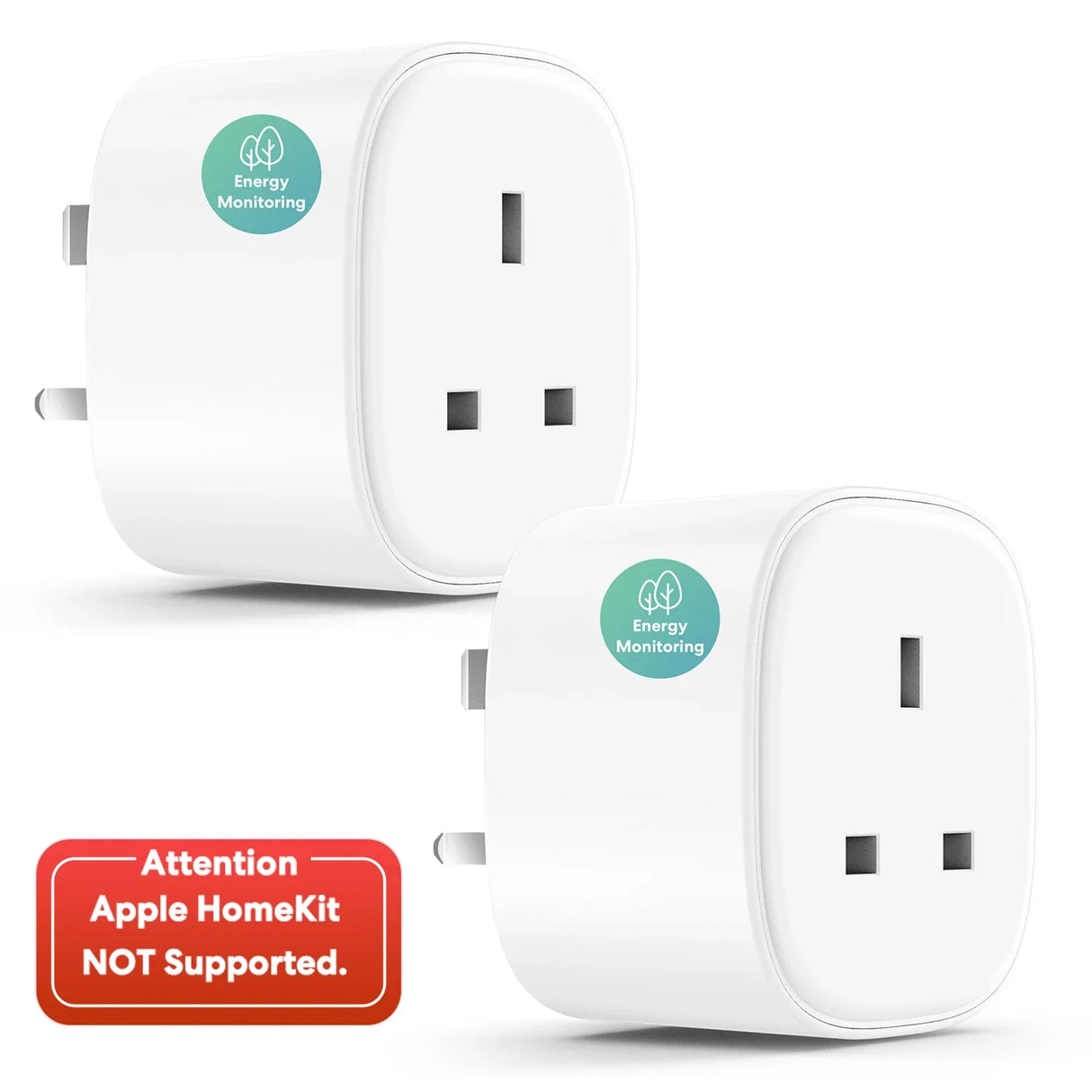 two white plugs with green stickers on them and a red sign
