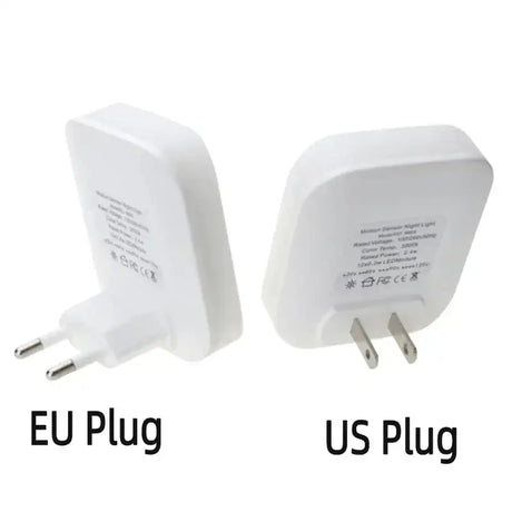 Two white plugs with the words eu and us