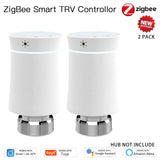 Two white Zigbee smart TRV controllers.