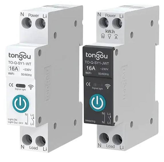 Two WiFi-enabled electrical circuit breakers or switches from the brand Tongou.