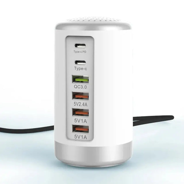 a white power strip with three usbs attached to it
