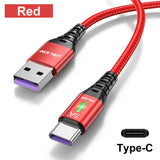 a red type c cable with a black and white logo