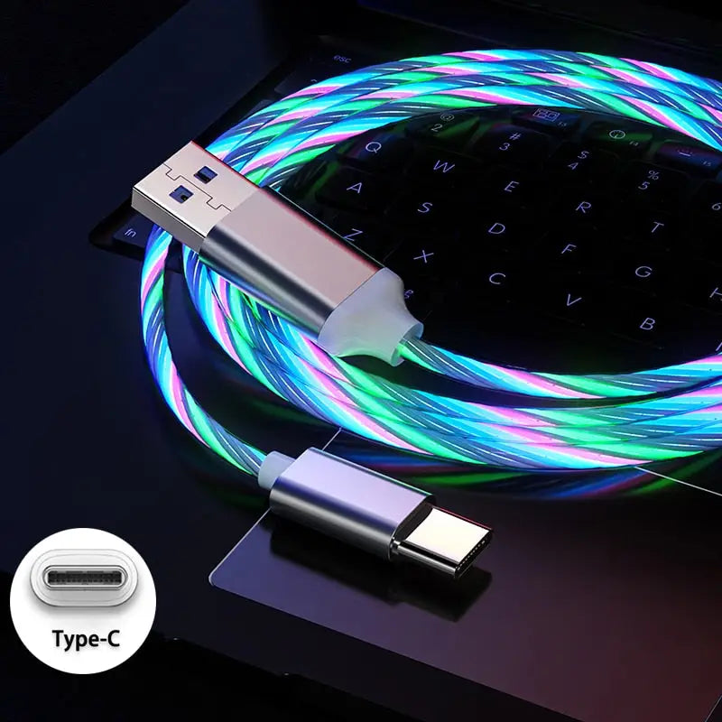 a usb cable with a glowing green and blue light