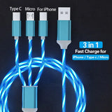 there are three cables connected to a phone with a blue light