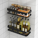 a black shelf with two shelves holding bottles and bottles